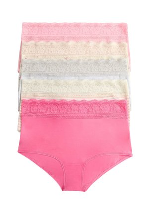 Pile de cinq culottes en coton pour femmes, en rose, crème, gris et blanc, chacune avec une ceinture en dentelle.