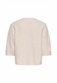 Pull court de couleur crème avec une coupe carrée et des manches mi-longues jusqu'au coude, vu de dos sur un fond blanc.