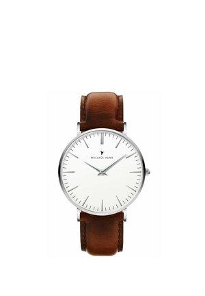Montre-bracelet ronde en argent avec cadran blanc, fines marques d'heure noires, aiguilles argentées et bracelet en cuir marron indiquant 10h08.