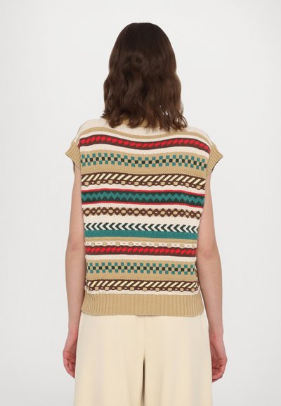 Chaleco de punto sin mangas que presenta llamativas rayas horizontales en beige, rojo, verde y marrón. Tira acanalada en el dobladillo y patrones texturizados en toda la prenda.