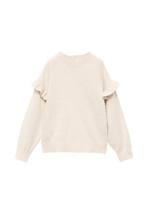Pull léger beige fabriqué en tissu doux, avec un col rond, des manches longues et des volants décoratifs sur les épaules.