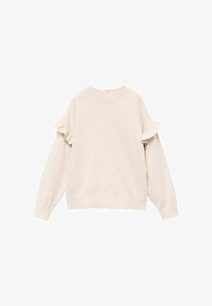 Hellbeige Pullover aus weichem Material, mit Rundhalsausschnitt, langen Ärmeln und dekorativen Rüschendetails an den Schultern.