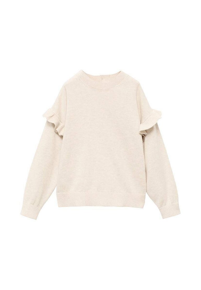 Světle béžový svetr z měkké tkaniny, s kulatým výstřihem, dlouhými rukávy a dekorativními volánky na ramenou.
