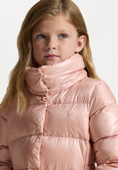 Light pink puffer jacket with a high collar and front buttons, featuring a small logo on the chest and a smooth, glossy texture.