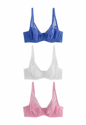 Tre blondeundertrøjer med bøjle i blå, hvid og pink, arrangeret lodret på en hvid baggrund.