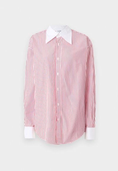 Red and white striped button-up shirt with a large white collar, long sleeves, and a rounded hem. Smooth fabric texture.
