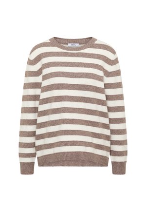 Pull rayé avec un col rond, présentant des rayures alternées blanches et beiges. Texture douce et détail de finition côtelée.