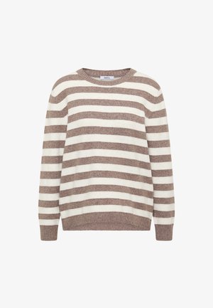 Pull rayé avec un col rond, présentant des rayures alternées blanches et beiges. Texture douce et détail de finition côtelée.