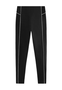 Black athletic leggings with a high waist and white side piping. Made from a smooth, stretchy fabric for comfort and flexibility.