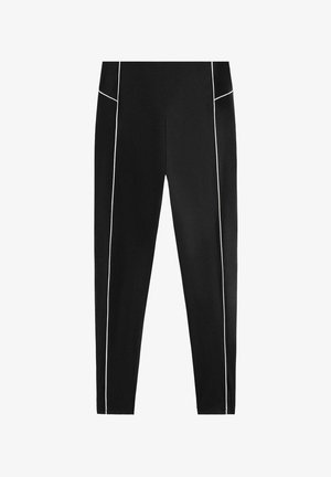 Svarta atletiska leggings med hög midja och vit sidopiping. Tillverkade av ett glatt, elastiskt tyg för komfort och flexibilitet.