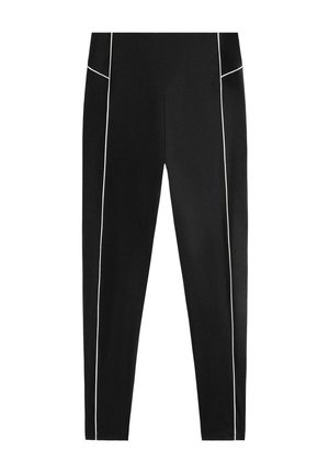 Leggings de sport noirs à taille haute avec un passepoil latéral blanc. Fabriqués à partir d'un tissu lisse et extensible pour le confort et la flexibilité.