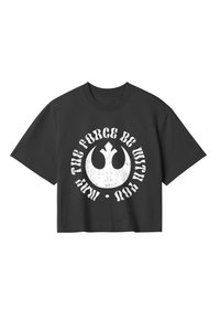 Czarny krótki t-shirt z przetarciem i białym nadrukiem z napisem „Niech Moc będzie z tobą” oraz symbolem umieszczonym na środku z przodu.