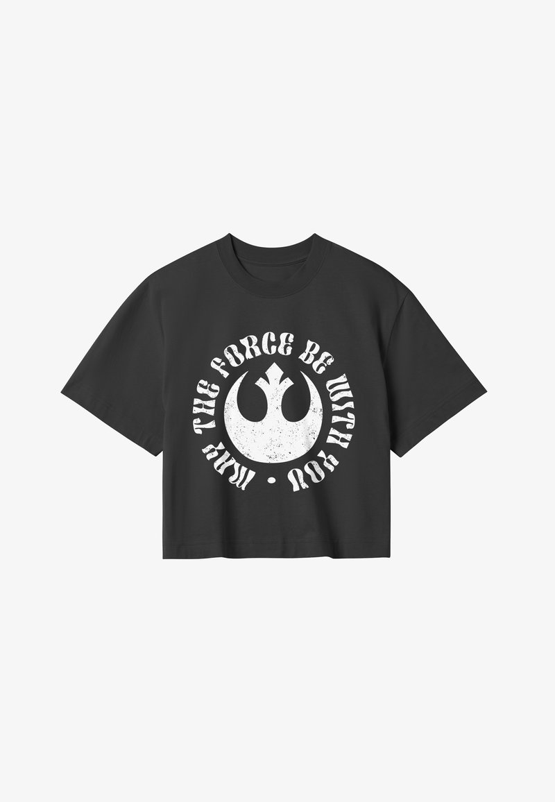 Czarny krótki t-shirt z przetarciem i białym nadrukiem z napisem „Niech Moc będzie z tobą” oraz symbolem umieszczonym na środku z przodu.