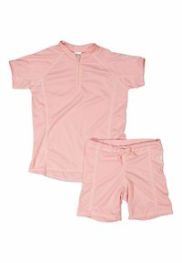 Tvådelad badklädsel för barn i mjuk rosa, med en kortärmad topp med dragkedja och matchande shorts med elastisk midja.