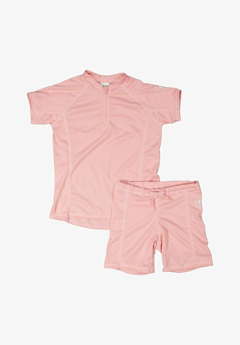 Zweiteiliges Schwimmanzug für Kinder in zartem Rosa, bestehend aus einem Kurzarmoberteil mit Reißverschluss und passenden Shorts mit elastischem Bund.