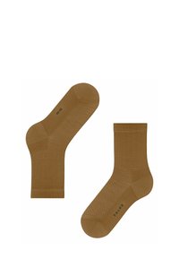 Braune Baumwollsocken mit Fischgrätenmuster, verstärkter Ferse und Zehen sowie einem gerippten Bündchen. Logo in Grün aufgedruckt.