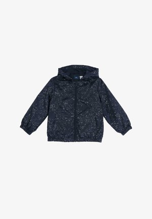Mørkeblå børns hættejakke med frontlynlås, elastiske manchetter, kant, to forlommer og hvidspraglet mønster.
