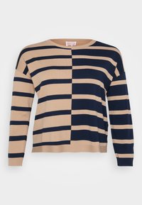 Beige and navy striped sweater featuring horizontal stripes, ribbed cuffs, and a relaxed fit with a round neckline.