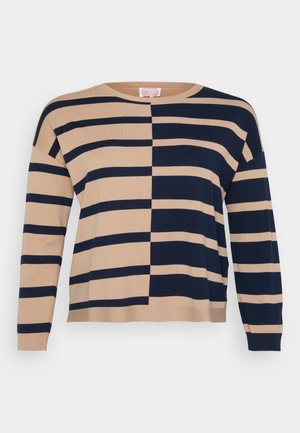 Beige ja tummansininen raidoitettu neule, jossa on vaakaraidat, ribbaatut hihat ja rento malli pyöreällä kaula-aukon.