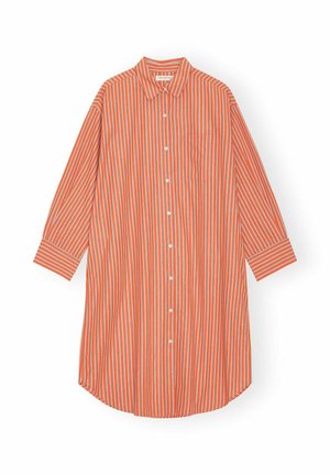 Langærmet skjortekjole med knapper foran, hvide og orange lodrette striber og en brystlomme, lagt fladt på hvid baggrund.