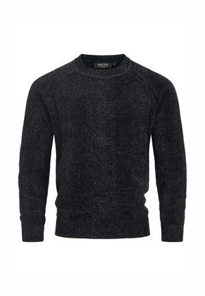 Zwart gebreid herenlongsleeve met ronde hals en geribbelde manchetten en onderkant, weergegeven tegen een witte achtergrond.