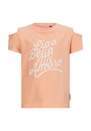 T-shirt w kolorze brzoskwiniowym wykonany z miękkiej bawełny. Posiada okrągły dekolt, krótkie rękawy z wyciętymi ramionami oraz biały graficzny wzór z tekstem.