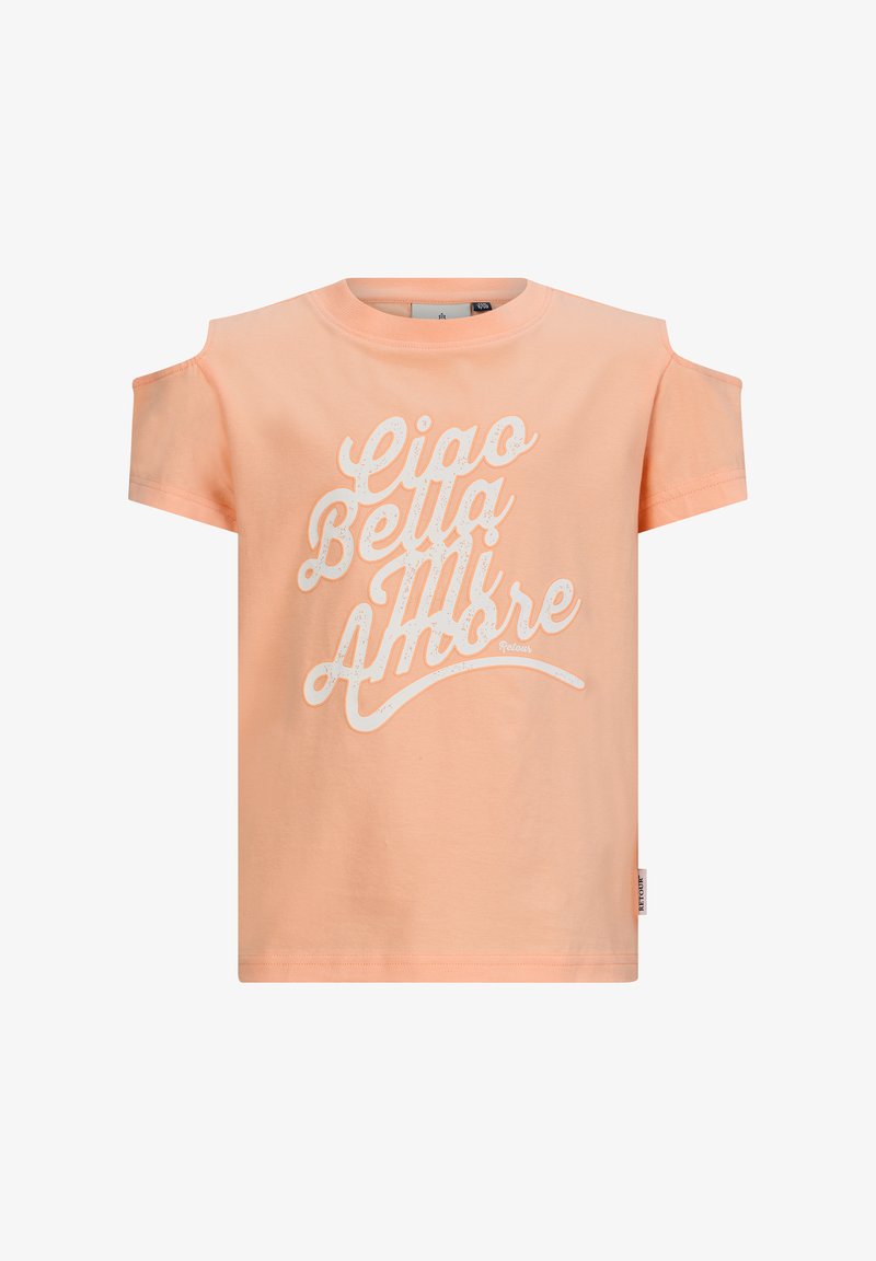 T-shirt w kolorze brzoskwiniowym wykonany z miękkiej bawełny. Posiada okrągły dekolt, krótkie rękawy z wyciętymi ramionami oraz biały graficzny wzór z tekstem.