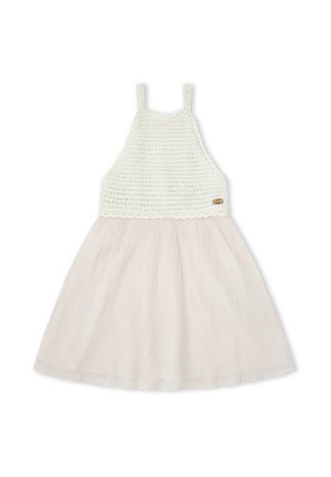 Vestido sin mangas para niño pequeño con corpiño de crochet blanco y falda plisada en beige claro, con tirantes finos y pequeña etiqueta lateral.