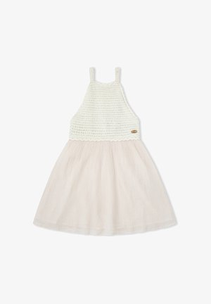 Vestido sin mangas para niño pequeño con corpiño de crochet blanco y falda plisada en beige claro, con tirantes finos y pequeña etiqueta lateral.