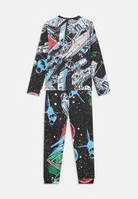 Set aus schwarzem langärmligem Oberteil und Hose für Kinder mit buntem Allover-Print von Star Wars Raumschiffen und Weltraum-Themen.