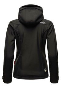 Black softshell jacket with a hood, featuring a fitted design, long sleeves, and visible brand logo on the upper back. Notable seam detailing.