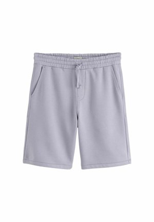Hellgraue elastische Shorts mit Kordelzug und Seitentaschen aus weichem Stoff, geeignet für den Freizeitgebrauch.