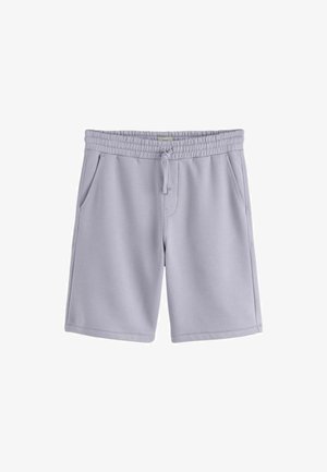 Pantaloni scurți gri deschis cu talie elastică, șnur și buzunare laterale, din material moale, potriviți pentru purtare casual.