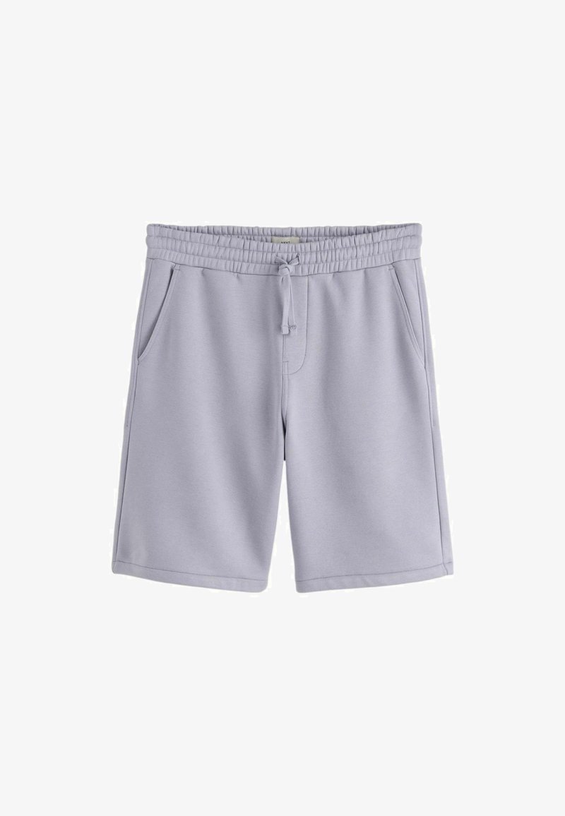 Shorts gris clair à taille élastique avec cordon de serrage et poches latérales, en tissu doux, adaptés à une tenue décontractée.