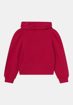 Hoodie rouge à manches longues, court, avec épaules bouffantes, poignets et taille côtelés, posé à plat sur un fond blanc.