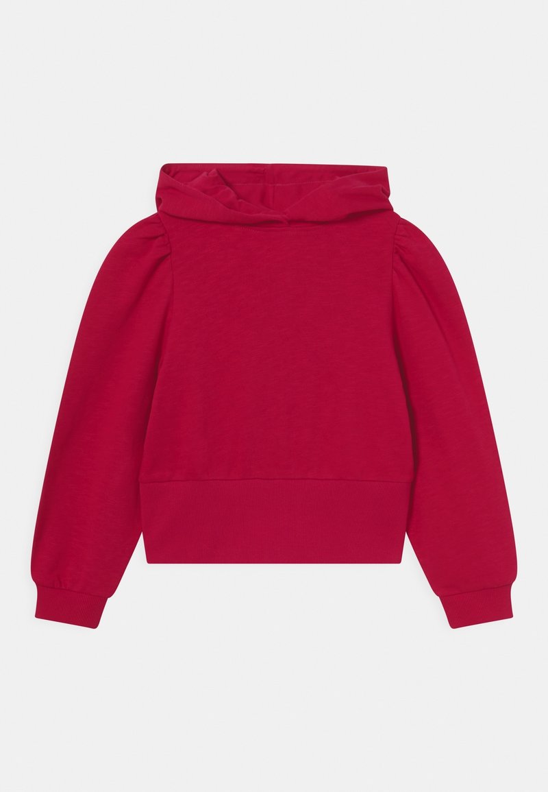 Hoodie rouge à manches longues, court, avec épaules bouffantes, poignets et taille côtelés, posé à plat sur un fond blanc.