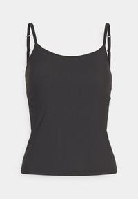 Zwarte camisole-top met dunne verstelbare banden, aansluitend ontwerp, gladde textuur en een ronde halslijn. Geen zichtbare patronen of accenten.