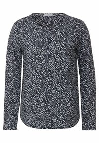 Camicia a maniche lunghe di colore blu navy con un motivo geometrico bianco. Presenta un colletto rotondo, chiusura con bottoni e una texture di tessuto liscia.