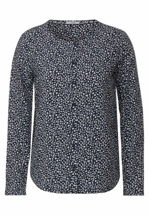 Langsleeve shirt in marineblauw met een geometrisch wit patroon. Bevat een ronde halslijn, knoopsluiting aan de voorkant en een gladde stoftextuur.