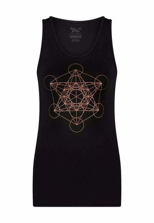 Zwarte tanktop met een geometrisch ontwerp in koperaccenten, inclusief cirkels en lijnen, gemaakt van een gladde katoenmix.