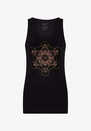 Zwarte tanktop met een geometrisch ontwerp in koperaccenten, inclusief cirkels en lijnen, gemaakt van een gladde katoenmix.