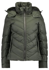 Veste matelassée couleur vert olive avec un col montant, une fermeture éclair devant et un motif matelassé en chevrons. Dispose de boutons-pression sur les épaules et de poches latérales.