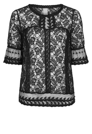 Czarna koronkowa bluzka z krótkim rękawem w kwiatowy wzór, z falistymi krawędziami i przezroczystymi panelami z siateczki na rękawach i dole.