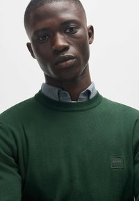 Grön stickad tröja med ribbat rundhals, prydd med en liten fyrkantig logotyp med "BOSS" på bröstet. Bärs över en jeansskjorta.