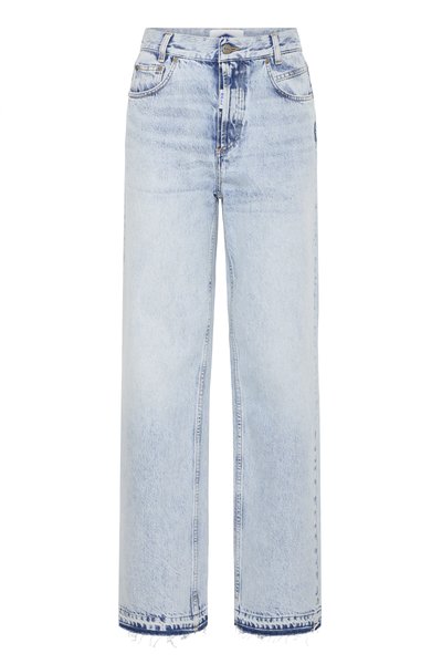 Svijetloplave traperice širokog kroja s visokim strukom, pet džepova i poderanim rubovima.