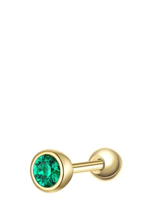 Goldener Barbell-Ohrring mit einem runden grünen Edelstein, der an einem Ende in einer Fassung sitzt, und einer goldenen Kugel am anderen Ende.