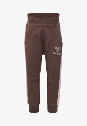 Brune bomuldsblandede joggers med en ribbet talje, sidelommer, lyserøde sidepaneler og et hvidt broderet logo på fronten.
