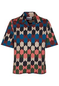 Kurzarm-Hemd mit Knopfverschluss und geometrischem Muster in Rot, Blau, Grün und Beige. Hergestellt aus glattem Stoff mit klassischem Kragendesign.