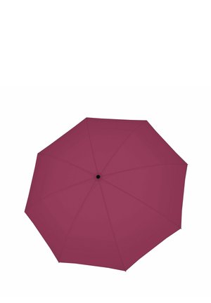 Closed red umbrella with black central hub viewed from above on a white background.