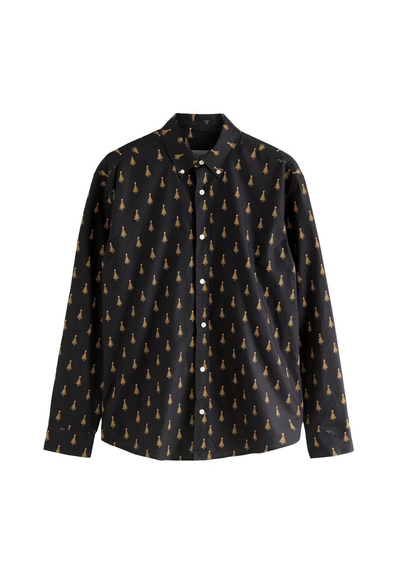 Chemise noire à manches longues présentant un motif d'arbre doré répété, fermeture à boutons et col classique. Fabriquée en tissu lisse.